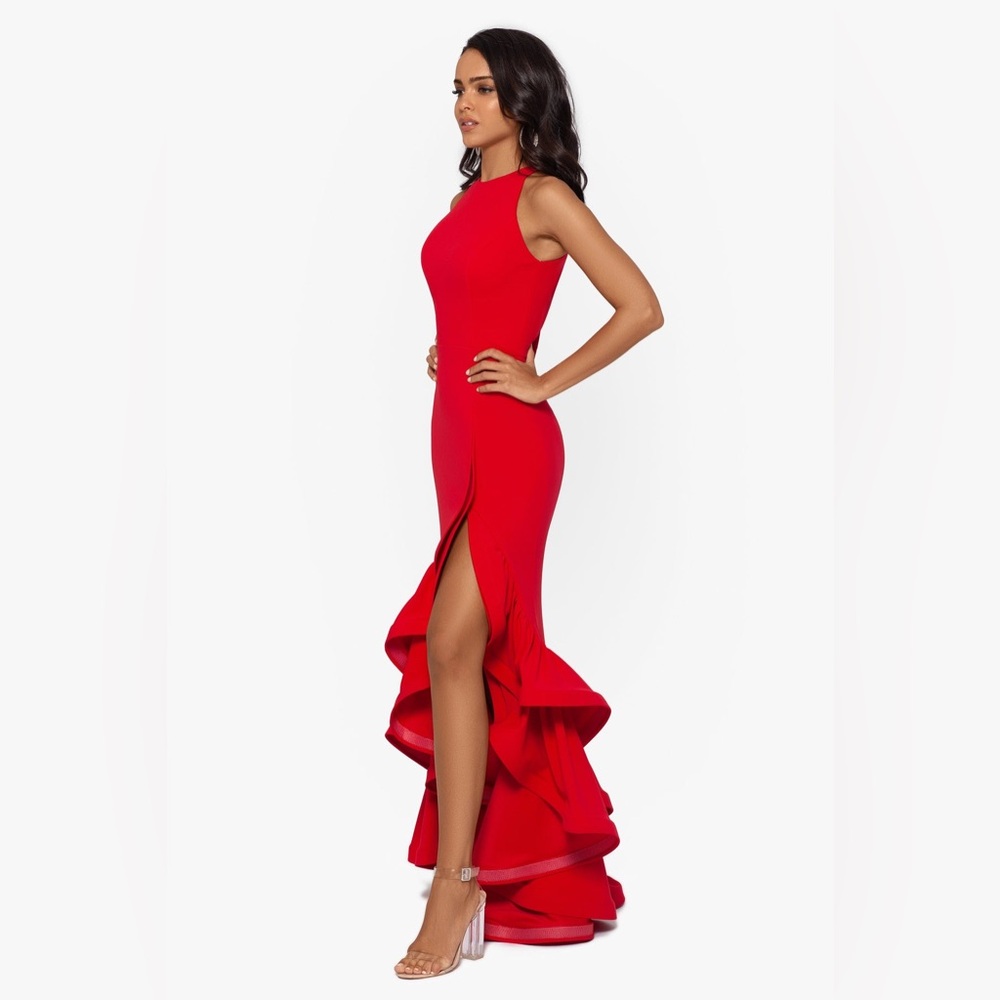 Betsy & Adam Red Asymmetrical Ruffle Gown - Picture 3 of 9